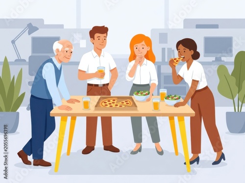 Diverse office colleagues having a lunch break together, eating pizza and salad in the workplace, flat vector illustration