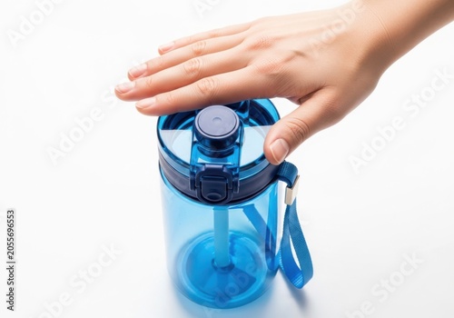 A persons hand resting on top of a blue translucent plastic water bottle isolated on white background