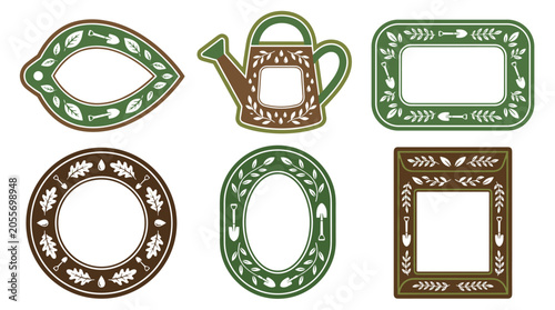Collection of decorative frames with garden tool and leaf motifs in various shapes and earthy tones