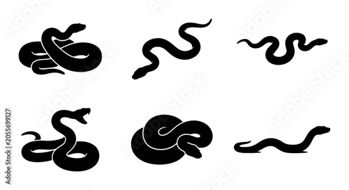 Fotografia Black Snake Silhouettes Vector Icons Set, Reptile Wildlife Graphic Elements, Ser