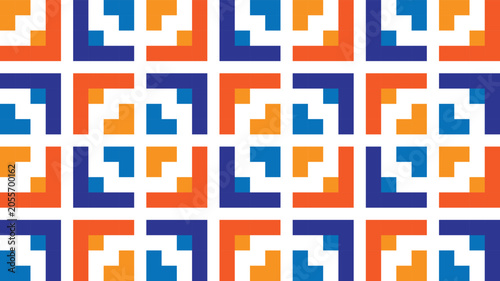 Seamless geometric pattern with abstract corner shapes in blue and orange colors.