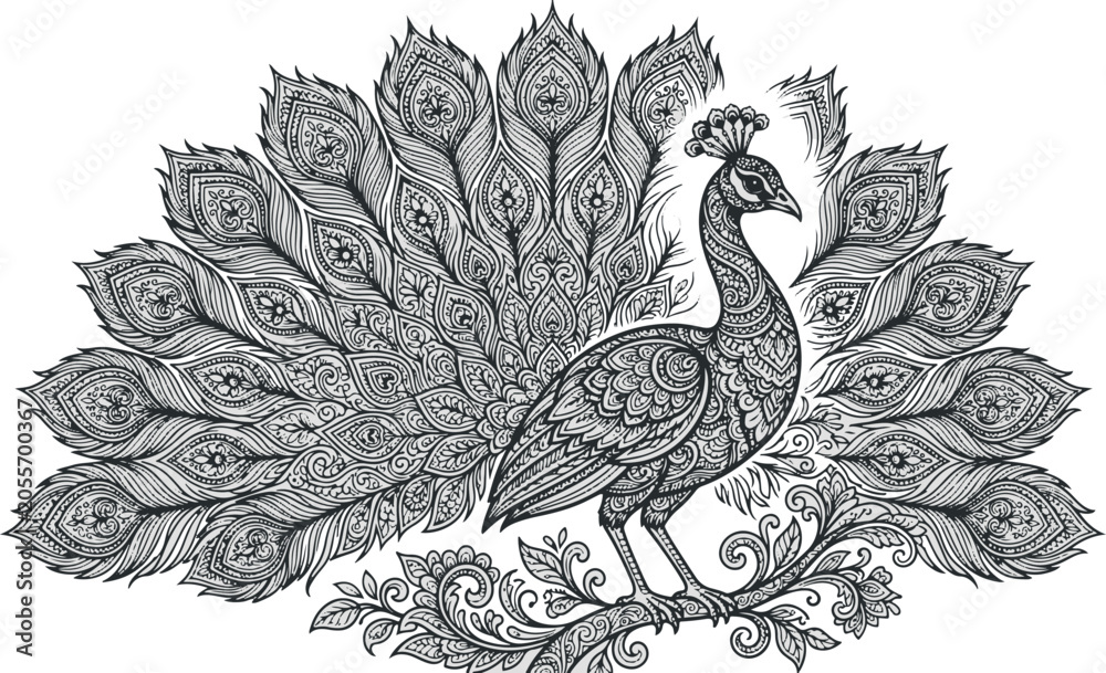 Fototapeta premium Intricately designed peacock standing on a branch