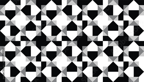 Seamless geometric pattern with abstract diamond and triangle shapes in monochrome.