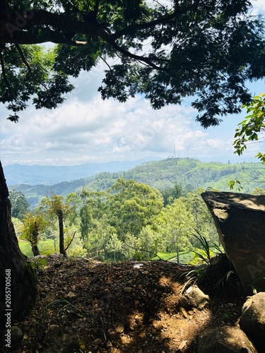 Lush Green Forested Mountain Landscape with Cloudy Sky and Rocky Foreground