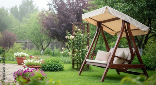 Cozy garden swing on a lush green lawn, offering a peaceful retreat for outdoor relaxation and leisure.