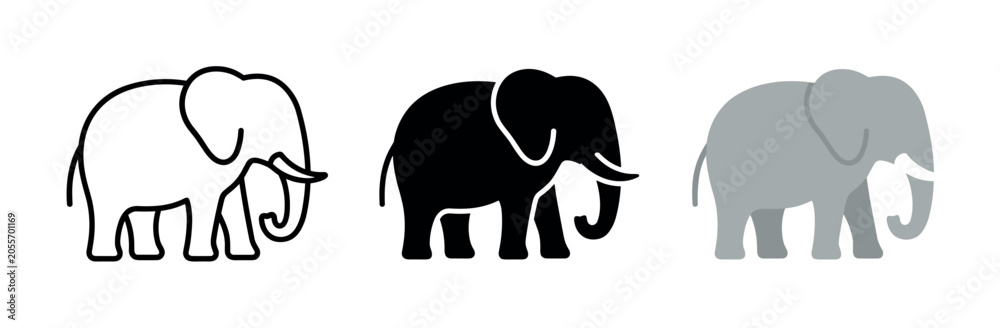 Fototapeta premium Set of three elephant icons in outline, solid black, and gray fill styles