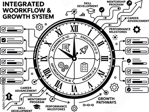 Integrated workflow and growth system with clock and flowchart