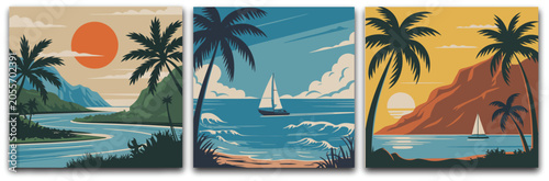 Canvastavla Retro tropical beach triptych icons illustration set, generic palm trees sailboats and mountain scenery for vintage travel graphics