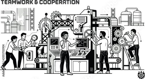 Teamwork and cooperation in an industrial setting with workers operating machinery