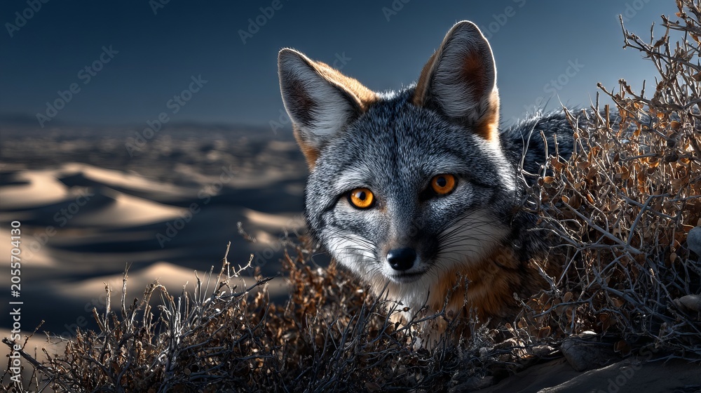 Fototapeta premium Desert Fox Peeking From Behind Shrubs in a Sandy Landscape
