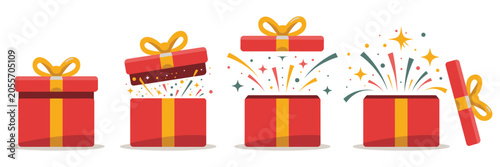 Fotografie Festive gift box vector graphics featuring open and closed red boxes wrapped with yellow ribbons and bright flying confetti for birthday celebration and holiday party layouts