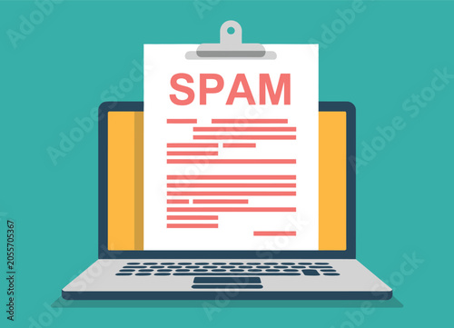 Quadro em tela Spam email warning window on laptop screen banner for cybersecurity website showing virus piracy alert, malicious hacking attempt popup, and network firewall protection