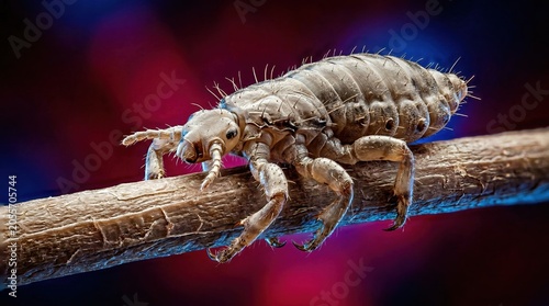 Macro photo of a head louse (Pediculus humanus capitis) on a hair strand. Detailed close up of a parasitic insect causing pediculosis. Hygiene and pest control concept