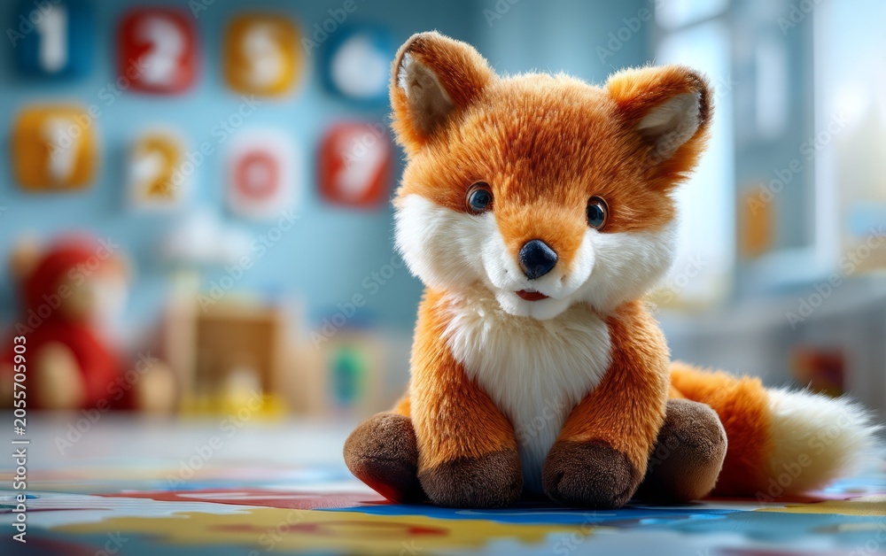 Fototapeta premium Plush Toy Fox in Lively Playroom Surrounded by Colorful Decor