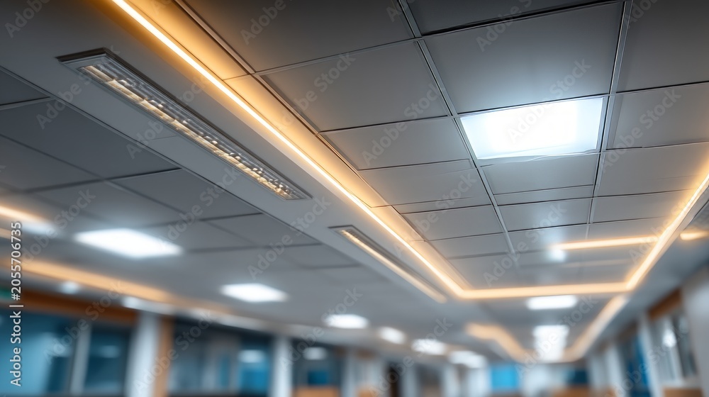 Obraz premium Modern Interior with Reflective Strips in Parallel Lines on Ceiling