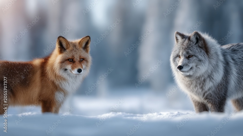 Fototapeta premium Red fox and gray wolf facing each other in cold snowy forest landscape