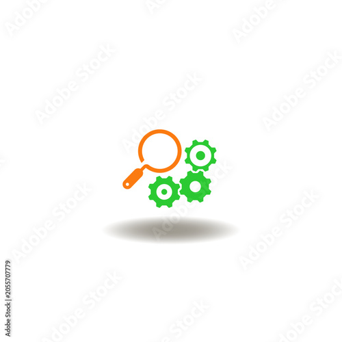 Vector illustration of magnifying glass and gears mechanism. Symbol of geolocation searching.