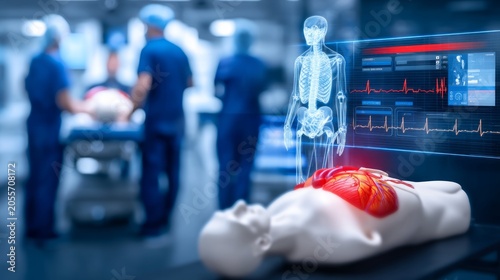 Advanced medical training simulation with digital heart and skeleton display