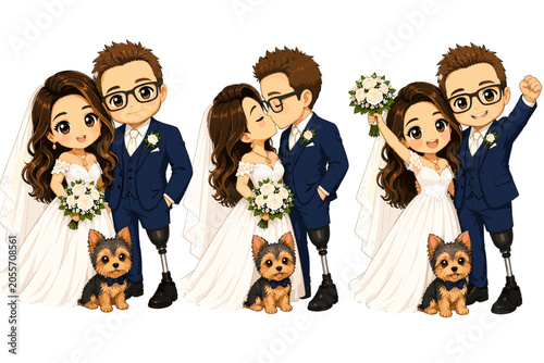 Bild auf Leinwand Wedding Day Bliss: A joyous bride and groom, accompanied by their adorable canine companion, celebrate their special union through a series of heartwarming moments