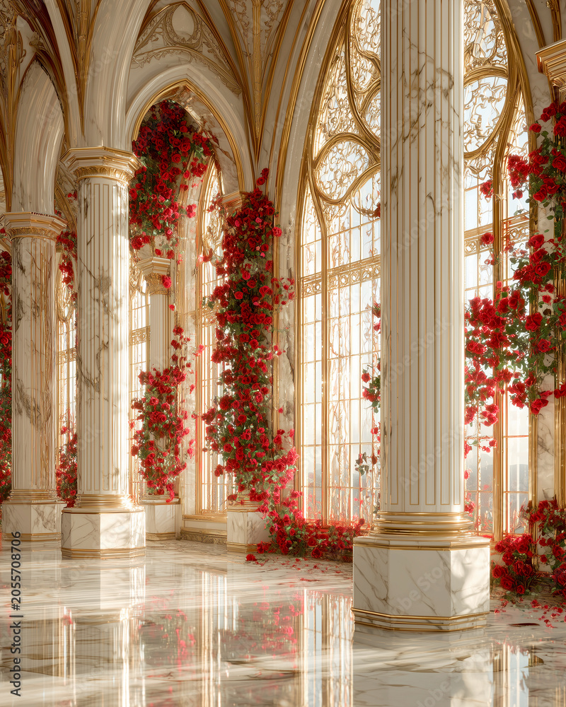 Naklejka premium Luxurious interior of a gothic palace hall featuring white marble columns with gold accents, large arched windows, and vibrant red climbing roses