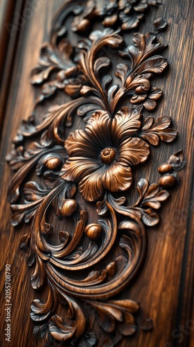 Intricate floral carving on rich, dark wood panel.  Deep relief showcases detailed leaves, blossoms, and acorns