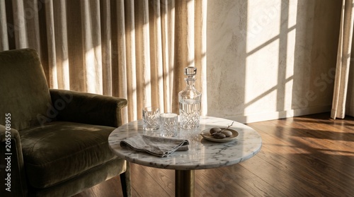 Luxury hotel suite vignette with marble table velvet chair sunlight