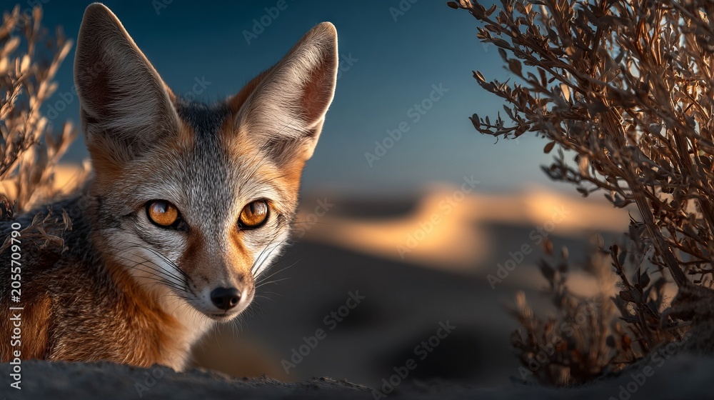 Fototapeta premium Desert Fox Partially Hidden Behind Shrubs in Arid Landscape