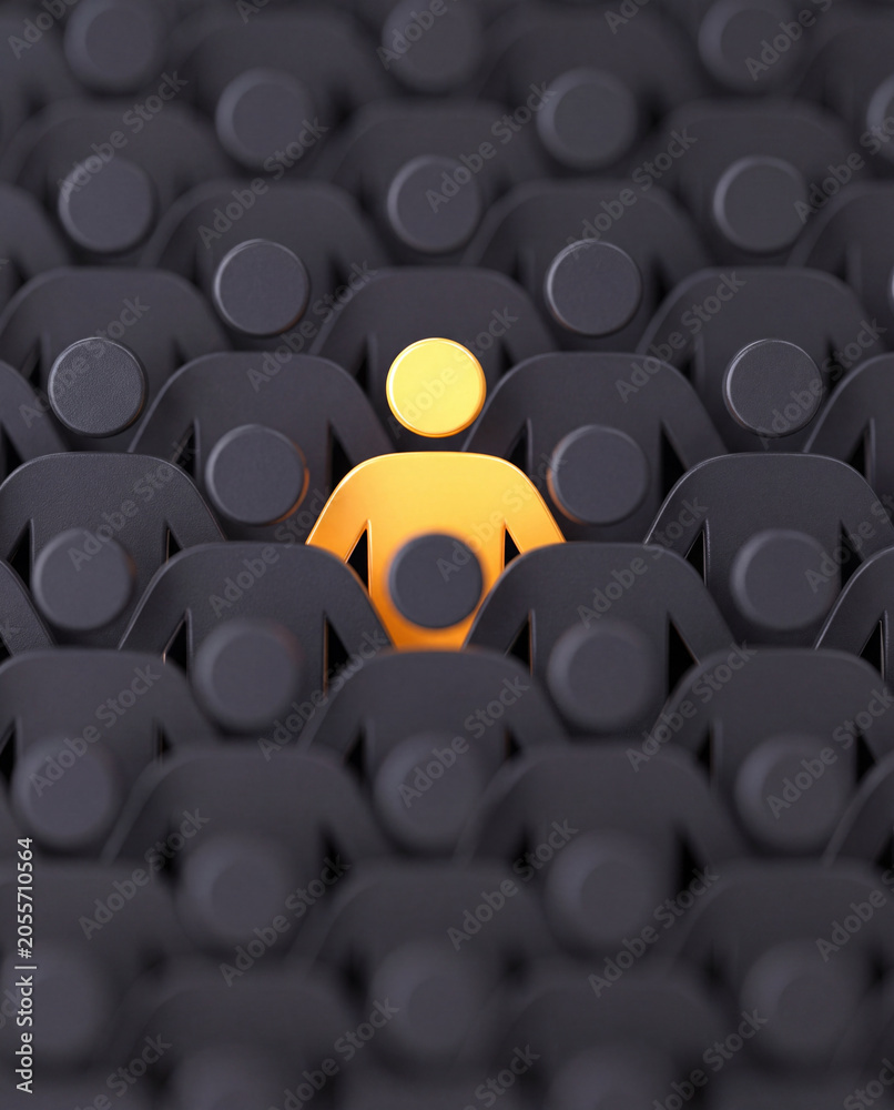 Fototapeta premium Golden 3D figure standing out from a crowd of identical dark silhouettes, business leadership concept, unique talent acquisition and individuality metaphor