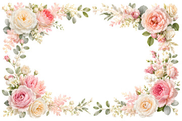Luxury pink and cream rose flowers rectangular corner frame border isolated on transparent background
