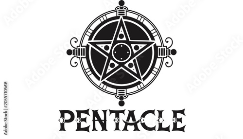 Foto Very beautiful black-and-white engraved vector illustration featuring the PENTACLE with precise geometric linework and a decorative cultural label reading PENTACLE, isolated on white background