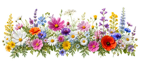 Vibrant wildflower meadow border isolated on transparent background