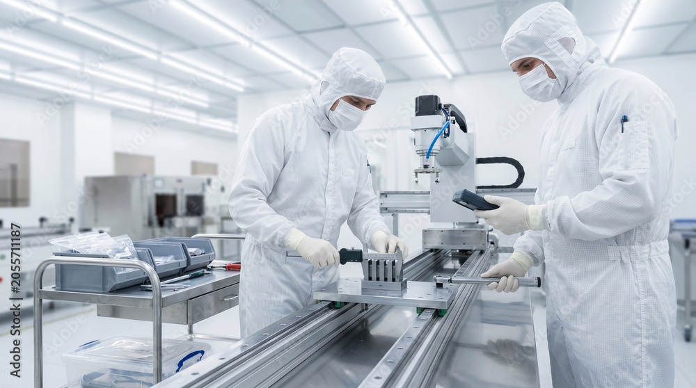 Naklejka premium Cleanroom Technicians Validating Precision Robotic Motion System