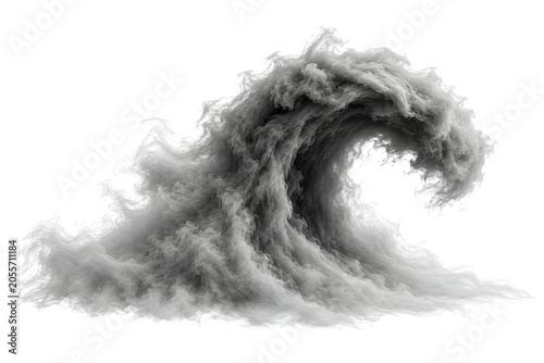 Abstract explosive white smoke wave mimicking an ocean crest isolated on transparent background, realistic 3D storm cloud and fog splash element for photo manipulation