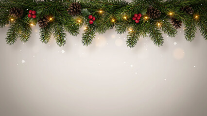 Christmas pine garland with red berries and glowing fairy lights isolated on a transparent background