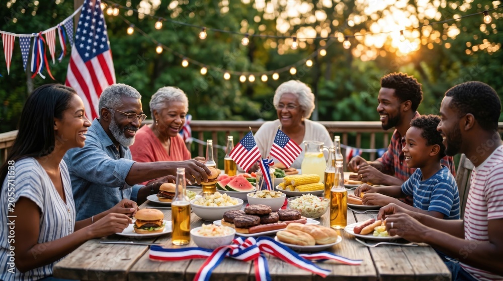 Fototapeta premium Happy senior citizens enjoying active retirement lifestyle at festive 4th of July backyard home celebration dinner party with family sharing barbecue food and traditional patriotism values