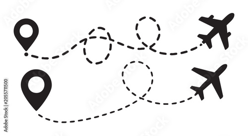 Travel path vector with location pin icons and airplane silhouettes on checkered background set.