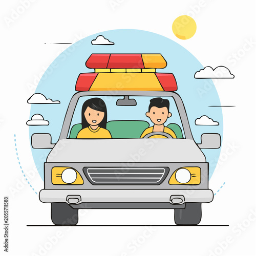 Couple Driving Ambulance with Flashing Lights