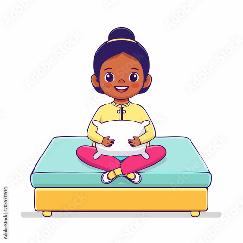 Cute Cartoon Girl Sitting on Bed with Pillow