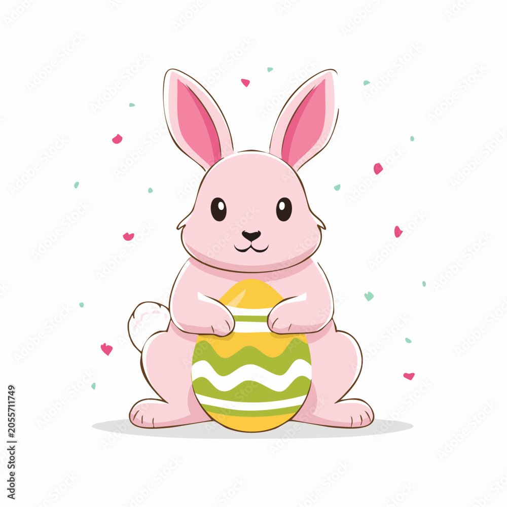 Fototapeta premium Cute Pink Easter Bunny Holding Decorated Egg