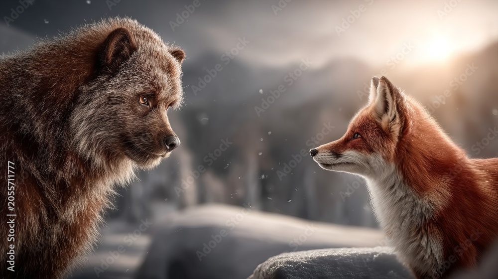 Fototapeta premium Intense face off between wild brown bear and red fox in snowy forest