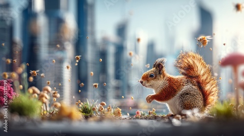 Cute red squirrel interacting with flying bee insects in urban environment