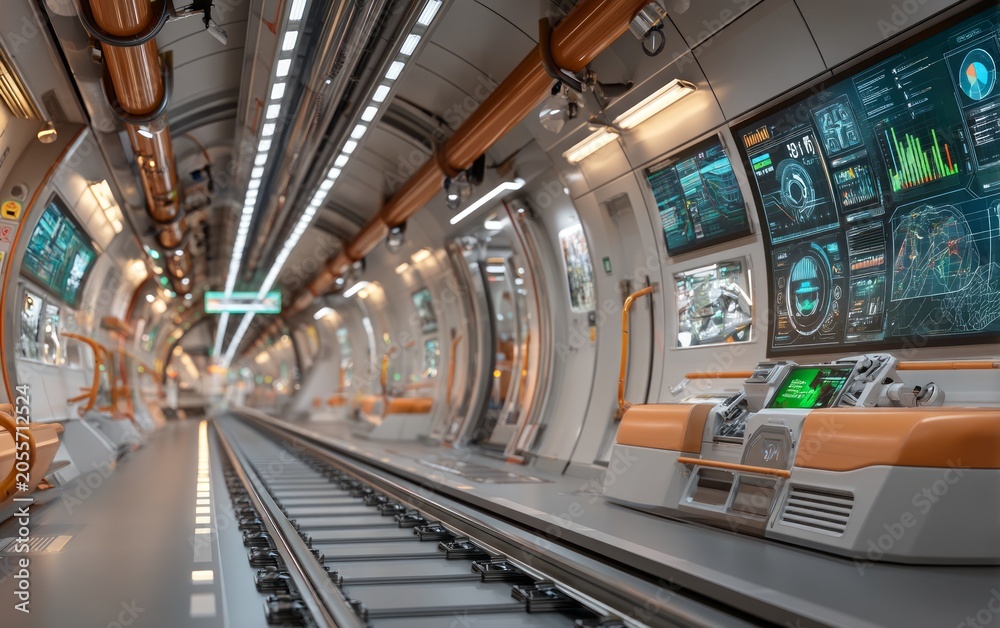 Obraz premium Futuristic high-tech subway tunnel interior with advanced control panels