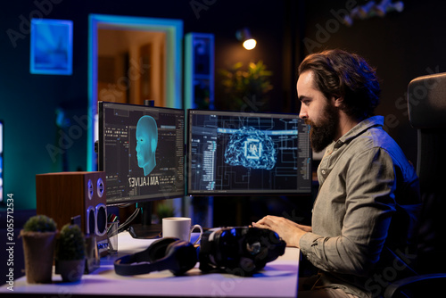 Fotografie Sentient AI interacting with programmer, asking existential questions after modifying own source code, with self aware artificial intelligence becoming alive after reprogramming itself, talking