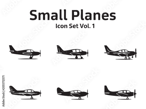 Icon set of small propeller planes depicted in side view for aviation and flight school branding.