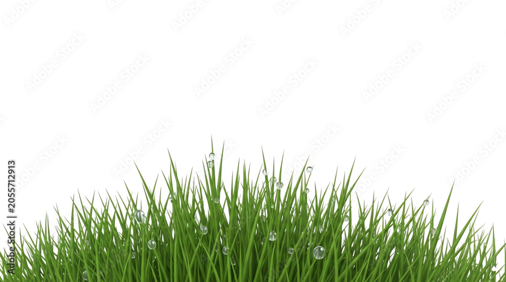 Obraz premium Tuft of vibrant green grass with clear round dewdrops isolated on a white background.