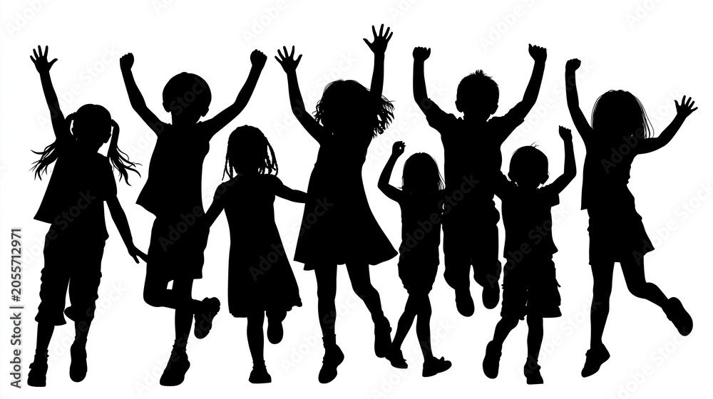 Fototapeta premium Dynamic black vector silhouettes of diverse children in energetic poses — running jumping and dancing — isolated on transparent background, joyful childhood concept illustration,