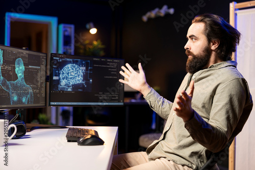 Fotografie Startled engineer stunned by sentient AI becoming superintelligent, gaining humanoid form, bewildered IT worker alarmed by self aware artificial intelligence transcending to higher structure