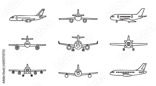 Set of aircraft line icons in different projections. passenger airplane vector illustration.