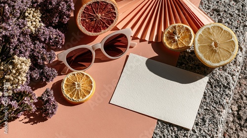 Summer Flat Lay Mockup with Blank Paper Card for Text