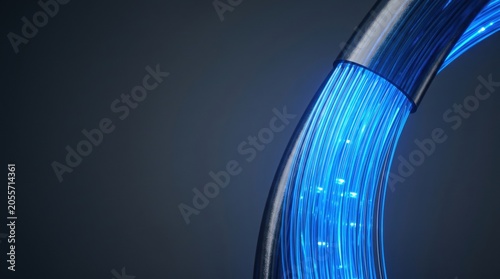 Macro view of glowing blue optical fiber cable ends high speed broadband internet network signal transmission telecommunication equipment infrastructure component digital information data line mockup